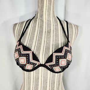 Shade & Shore NWOT Black Stud Aztec Pushup Underwire Bikini Halter Top Size 34A